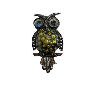 Alice Caviness 1950s Small Sterling Guilloche Enamel Marcasite Owl Bird Pin Broo